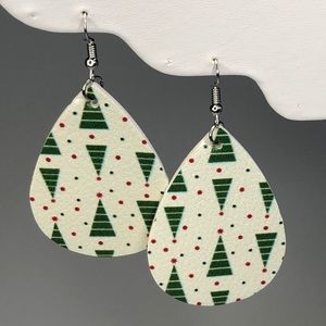 White Leather Christmas Tree Teardrop Earrings